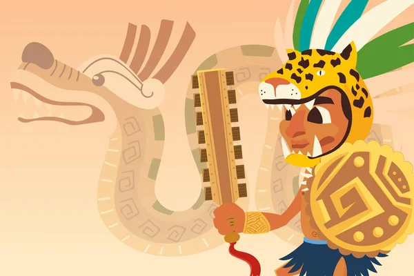 Escudo de capacete tigre guerreiro azteca —  Vetores de Stock