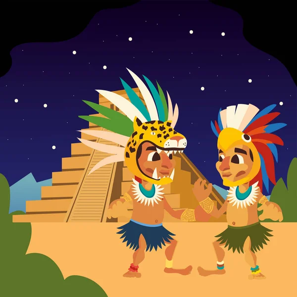 Aztécký válečníci s opeřenou čelenkou a pyramidovou noční scénou — Stockový vektor