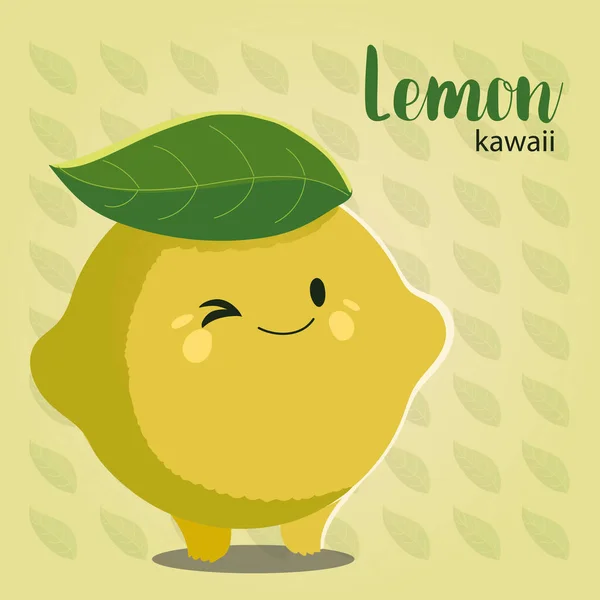 Fruta kawaii alegre cara caricatura lindo limón hoja fondo — Vector de stock