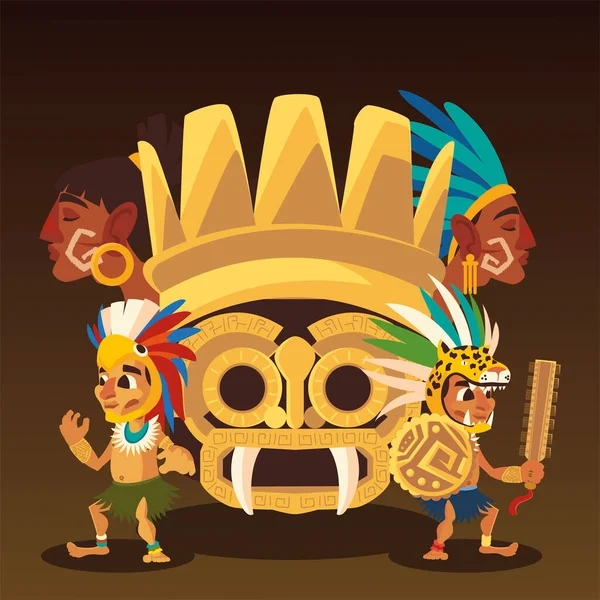 Aztec totem savaşçıları geleneksel başlık kültürü ile — Stok Vektör