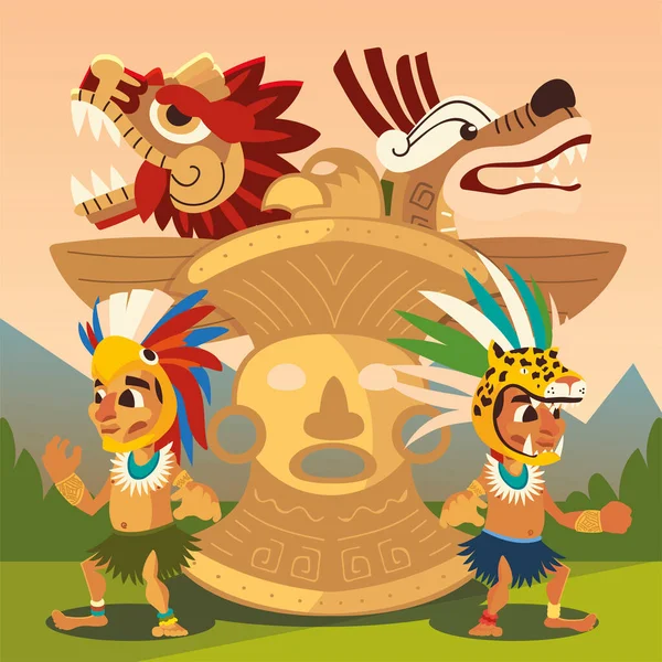 Aztek savaşçı karakterler totem ve yılan medeniyeti — Stok Vektör