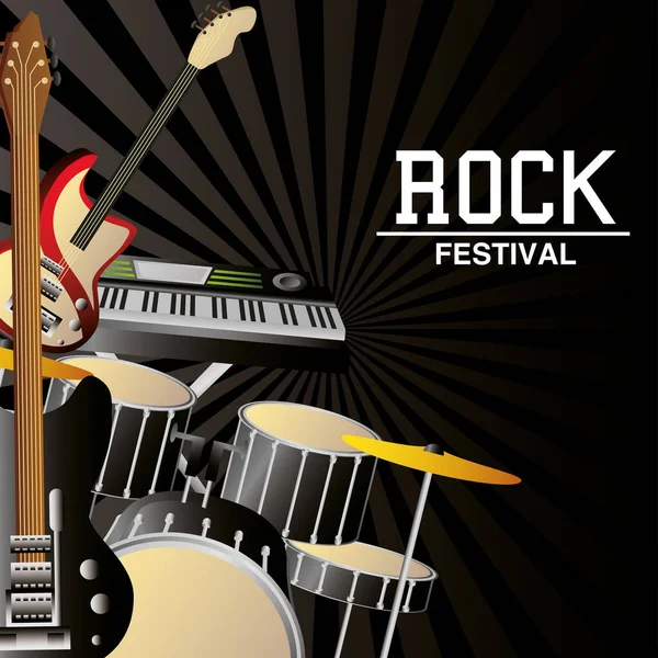 Affiche du festival rock publicité instruments de musique noir soleil fond — Image vectorielle