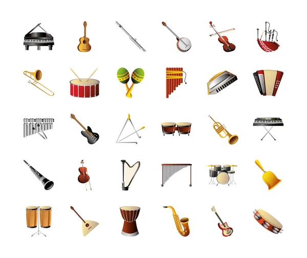 Набор различных музыкальных инструментов, фортепиано банджо гитара флейта барабан марака — стоковый вектор