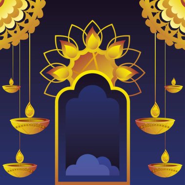 Mutlu diwali festivalleri, altın çerçeveli çiçeklerle asılı diya lambaları ikon set
