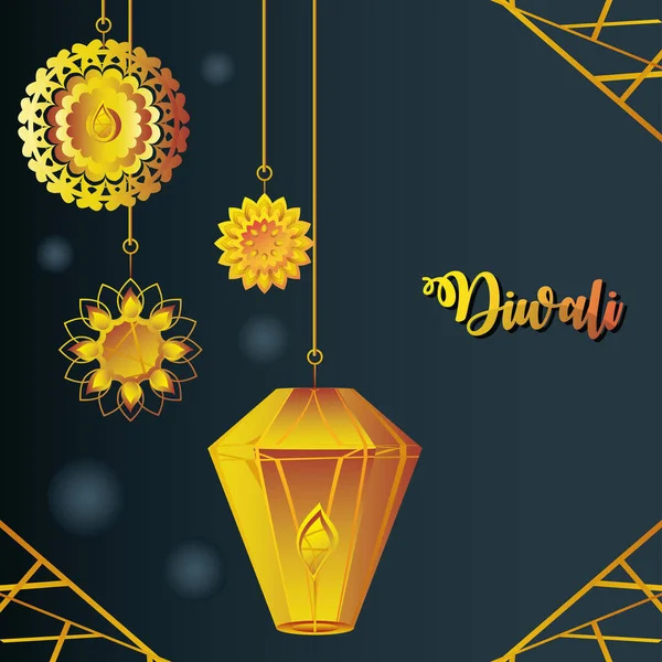 Feliz festival diwali, pendurado lanterna de ouro luz ornamentos florais — Vetor de Stock