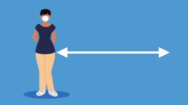 Sosyal mesafeli tıbbi maske takan kadın