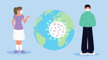 Tıbbi maskeli çift, parçacık covid19 ve Dünya Gezegeni 'ne sahip karakterler.