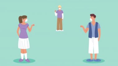 İnsanlar sosyal mesafeli tıbbi maske takıyor.