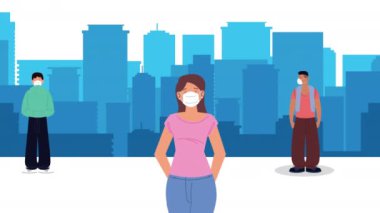 Tıbbi maskeli insanlar şehirde sosyal mesafeli karakterler takıyorlar.