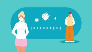 Tıbbi maskeli çift covid19 ve sosyal uzaklık parçacıkları ile karakterler