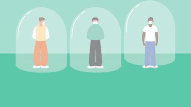 İnsanlar kubbelerde sosyal mesafeli tıbbi maskeler takıyor.