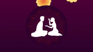 Mutlu bhai dooj kutlama animasyonu kardeşler silueti ve çiçeklerle