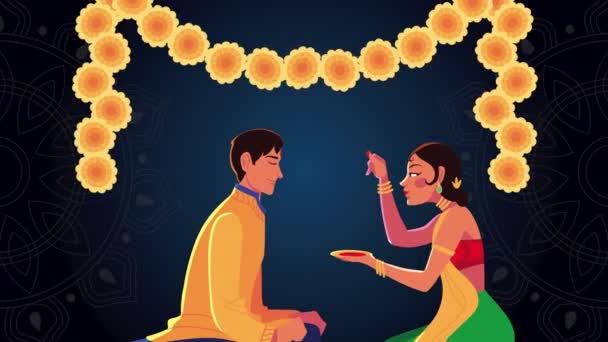 快乐的Bhai dooj庆祝动画与手足手足绘画和花卉装饰 — 图库视频影像