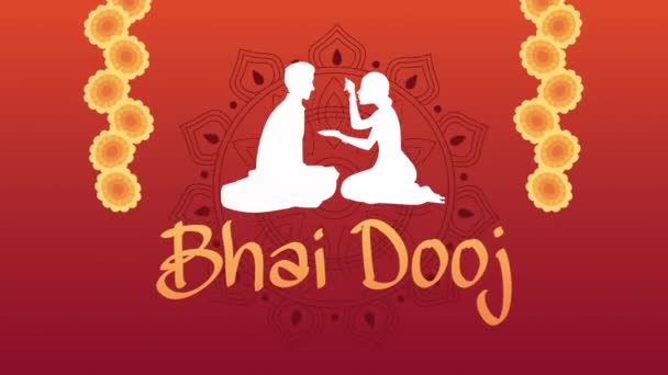 Feliz bhai dooj celebración animación con los hermanos silueta y flores decoración — Vídeos de Stock