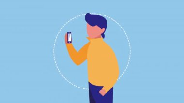 Akıllı telefon animasyon karakteri kullanan adam