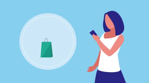 스마트폰과 가방을 사용하는 여성과 함께 하는 모바일 쇼핑 기술 애니메이션 — 비디오