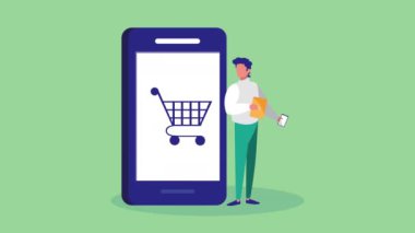 akıllı telefon ve el arabası kullanan bir adamla mobil alışveriş teknolojisi animasyonu