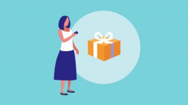 akıllı telefon kullanan bir kadınla mobil alışveriş teknolojisi animasyonu