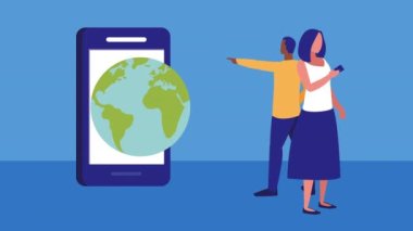 akıllı telefon kullanan çiftlerle mobil alışveriş teknolojisi animasyonu