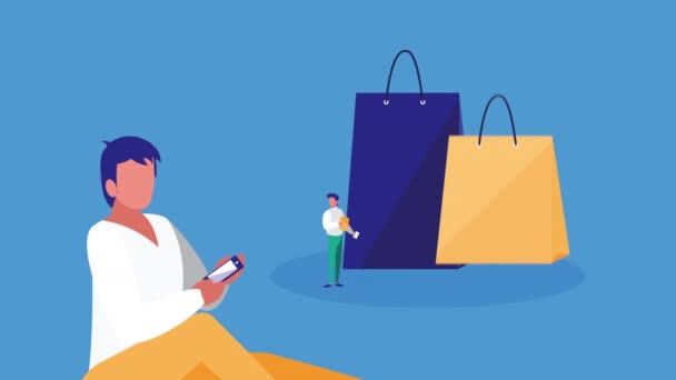 Animation mobiler Einkaufstechnologie mit Männern per Smartphone — Stockvideo