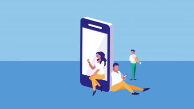 akıllı telefon kullanan insanlarla mobil alışveriş teknolojisi animasyonu