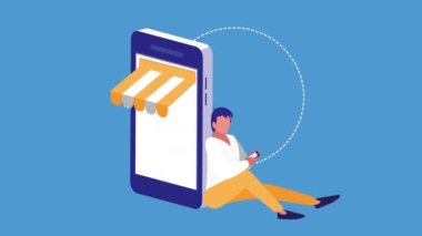akıllı telefon kullanan bir adamla mobil alışveriş teknolojisi animasyonu