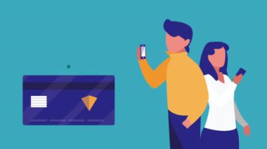 akıllı telefon kullanan çiftlerle mobil alışveriş teknolojisi animasyonu