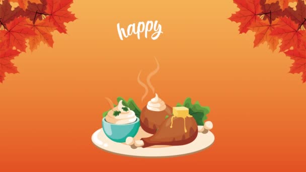 С Днем Благодарения анимация буквы с едой и листочками — стоковое видео