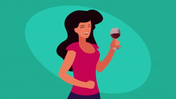 Γυναίκα ψήσιμο με χαρακτήρα κύπελλο κρασιού — Αρχείο Βίντεο