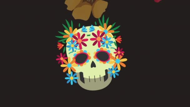 Día de los muertos animación con cabeza calavera y patrón floral — Vídeo de stock