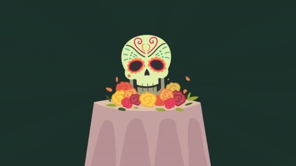 Dia de los muertos animation med huvud skalle i altaret — Stockvideo