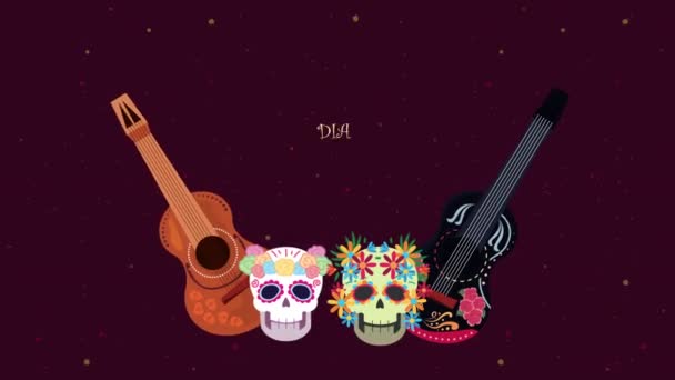 Dia de los muertos belettering animatie met gitaren en schedels hoofden — Stockvideo