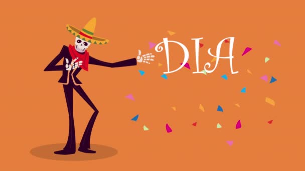 Dia de los muertos animacja ze szkieletem mariachi — Wideo stockowe
