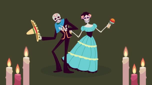 Dia de los muertos animation with skeletons couple — Stock Video