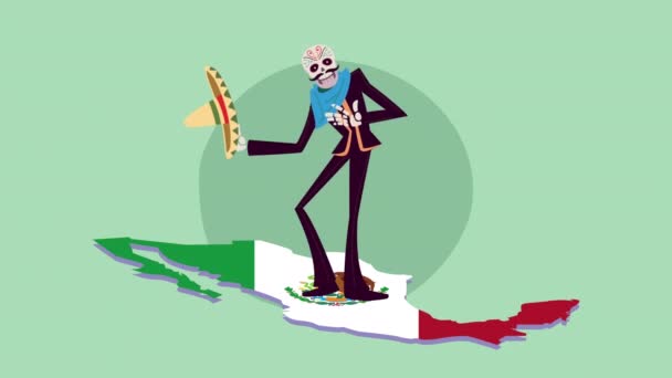 Dia de los muertos animation mit mariachi-skelett auf mexikanischer karte — Stockvideo