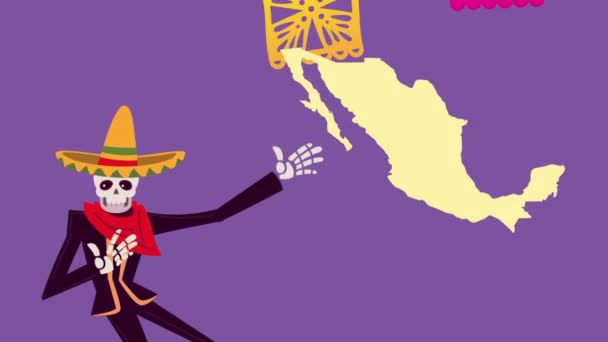 Dia de los muertos animace s skeleton mariachi — Stock video