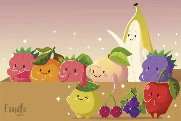 Frutas kawaii rosto engraçado maçã banana cereja uvas morango limão pêssego —  Vetores de Stock