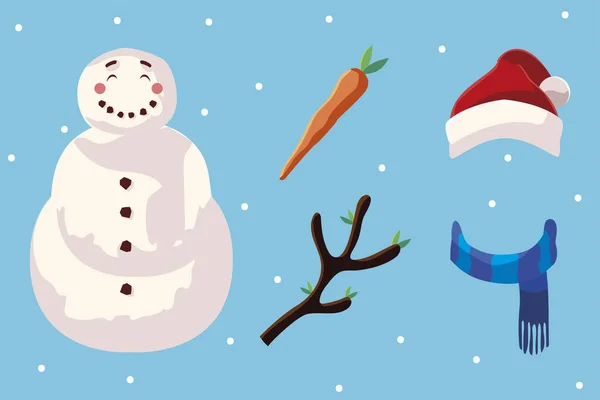 Frohe Weihnachten Schneemann mit Icon Set Vektor Design — Stockvektor