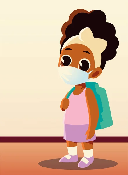 Ritorno a scuola di afro ragazza bambino con mascherina medica disegno vettoriale — Vettoriale Stock