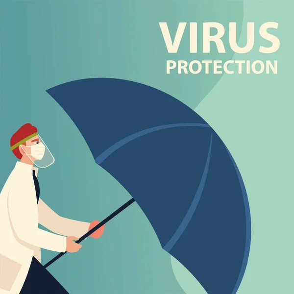 Covid 19 proteção do vírus e homem médico com máscara e guarda-chuva design vetor — Vetor de Stock