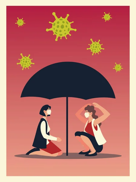 Ковад 19 вірус і жінки з масками і парасолькою Векторний дизайн — стоковий вектор