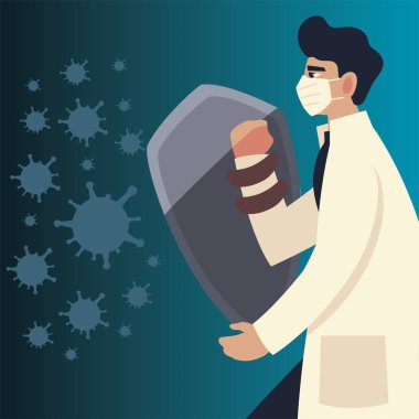 covid 19 virüs koruması ve maske ve kalkan vektör tasarımlı insan doktoru.