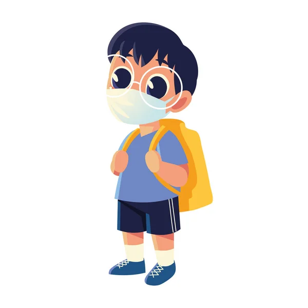 Retour à l'école de garçon enfant avec masque médical et lunettes design vectoriel — Image vectorielle