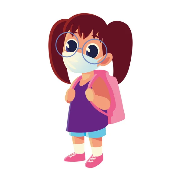 Ritorno a scuola del bambino ragazza con maschera medica e design vettoriale borsa — Vettoriale Stock