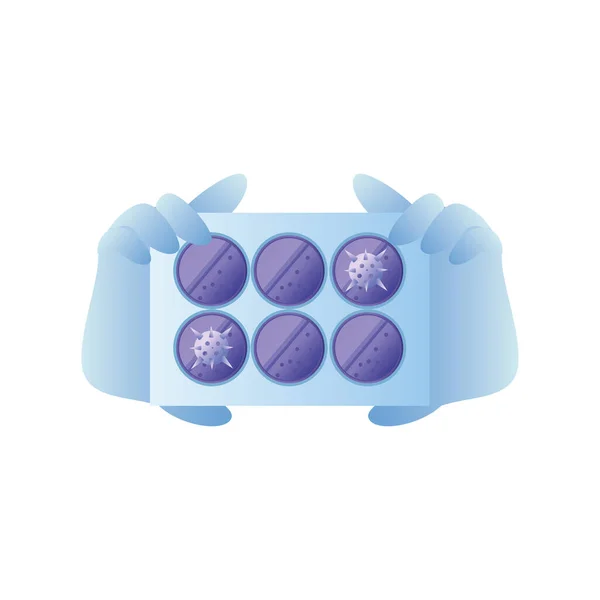 Ιατρικά γάντια που κατέχουν covid 19 ιός δοκιμή διανυσματικός σχεδιασμός — Διανυσματικό Αρχείο