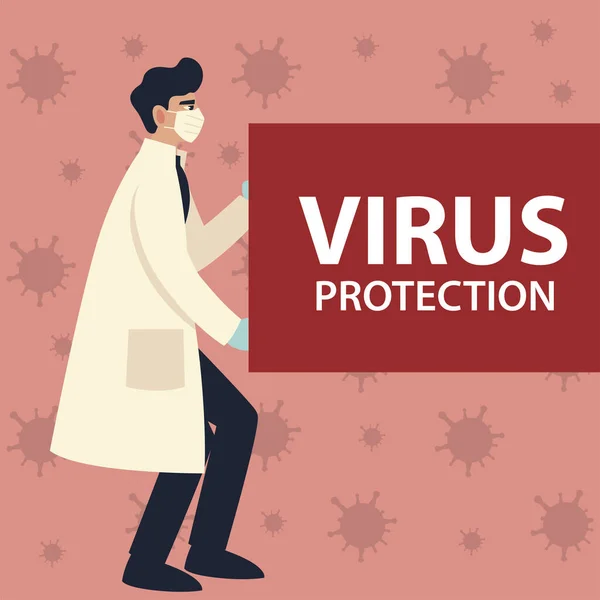 Covid 19 proteção do vírus e homem médico com design de vetor máscara — Vetor de Stock