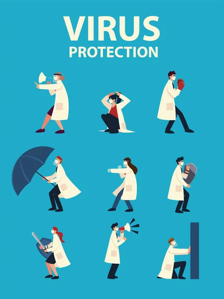 Covid 19 protección contra el virus y los médicos con máscaras y el icono conjunto de diseño de vectores — Archivo Imágenes Vectoriales