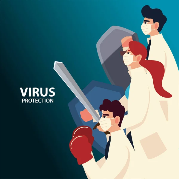 Covid 19 protección contra el virus y los médicos con máscaras y escudos de diseño vectorial — Archivo Imágenes Vectoriales