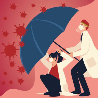 covid 19 virüs koruması ve maskeli ve şemsiye vektör tasarımlı doktorlar
