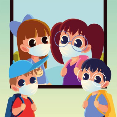 Tıp maskesi vektör tasarımlı çocukların okuluna geri dön.